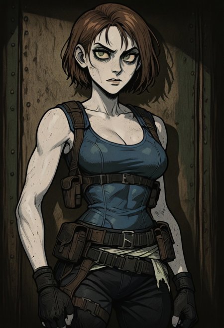 masterpiece, best quality, newest, absurdres, highres, HORCOMV1.0, H3LL15F0R3V3R,
1girl, jill valentine \(resident evil\), pale skin, brown hair, green eyes, short hair,