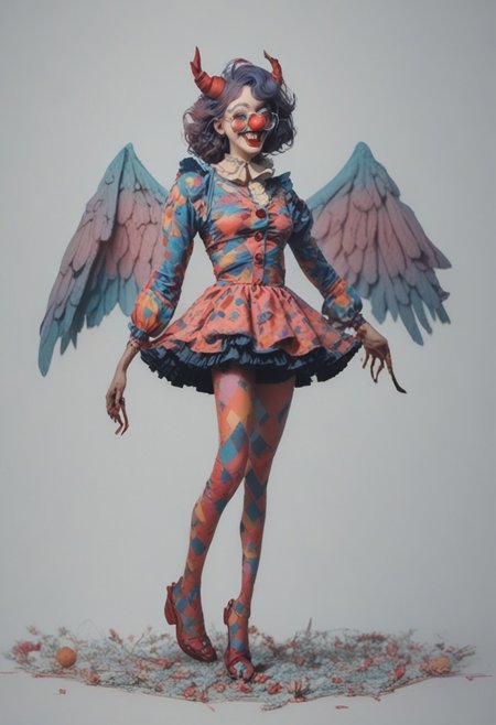 score_9, score_8_up, score_7_up, score_6_up, 
1girl, clown girl, 
roundglassesb, big round glasses, 
slim, slender, long legs, 
clown suit, frilly skirt,
wings, fangs, horns