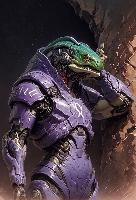 score_9,score_8_up,score_7_up, solo, cyberpunk wizard frog, amphibian, Re_An, upper body, purple armor, robot, mecha, science fiction, cyborg, mechanical parts, bulky, sinozick style, flat color, dark theme, cowboy shot, (climbing a cyberpunk wall), dynamic pose
