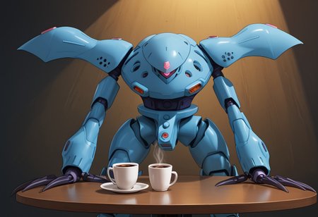 score_9, score_8_up, score_7_up, source_anime, front view, BREAK,  ( hygogg, blue_hygogg_armor, pink monoeye, from side, looking at viewer, long arms, very long arms, long claws) 1mech, blue mech, wide mech, large shoulders, large shoulder armor, mech focus, solo, BREAK, two arms, at table, cup of coffee,