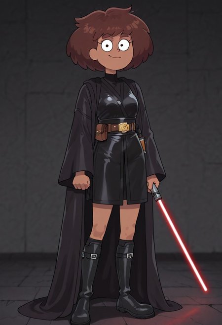 masterpiece, best quality, amazing quality, anneboonchuy, 1girl, solo, dark-skinned female, brown hair, short hair, petite, athletic, smooth body, <lora:JediRobes:1> j3d1, 1girl, solo, black robes, black outfit, full body, leather knee boots, belt, thick belt, red lightsaber, <lora:JediRobes:1> j3d1, 1girl, solo, black robes, black outfit, full body, leather knee boots, belt, thick belt, red lightsaber, japanese outfit, smile, cute, looking at viewer, portrait