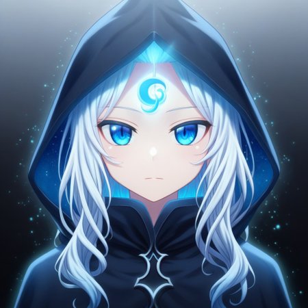 mana_sk style, portrait, focus on face, a mysterious lunar priestess girl with long silver hair and glowing pale blue eyes, wearing a dark hood embroidered with crescent moons and stars, a serene and enigmatic expression, soft moonlight casting a gentle glow on her features, Japanese RPG style, tranquil and sacred atmosphere, intricate details on her hood and the moonlight effects