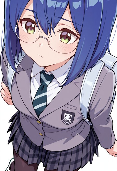masterpiece,high quality details,absurdres, 
<lora:Mamiya_Kanoko:0.8> 
kanoko_cnr, 1girl, blue hair,medium hair,hair between eyes,
kanoko_s2,collared shirt, grey jacket, striped necktie,plaid skirt, pleated skirt,black pantyhose,glasses, backpack, uwabaki,, simple background, white background, dutch angle,solo,, x3,