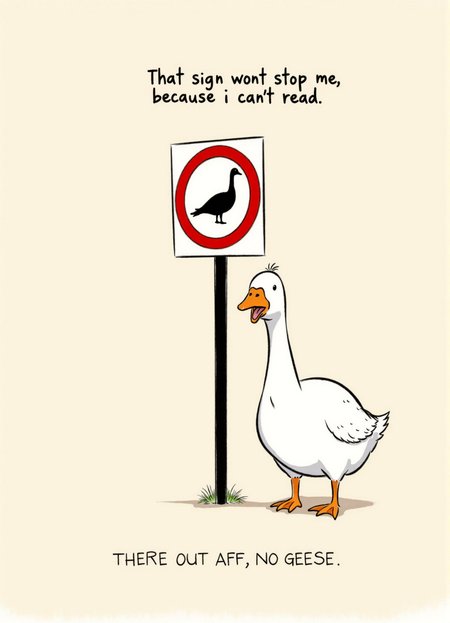 A minimalist and humorous illustration featuring a white goose standing confidently beside a "No Geese" sign, which is encircled in red with a black silhouette of a goose crossed out. The goose appears unaffected and unbothered, with a caption above and below that reads, "That sign won't stop me because I can't read," adding a comedic and rebellious tone to the scene. The background is a soft beige, ensuring the focus remains on the goose and the sign. The clean, flat art style with bold colors and simple shapes gives the image a playful and contemporary feel. The overall composition conveys a sense of irony and humor, blending a lighthearted message with a straightforward visual presentation.
 <lora:Goose_Photo_Bomb:1> <lora:Kaguya_style_v2:1> kaguya style
