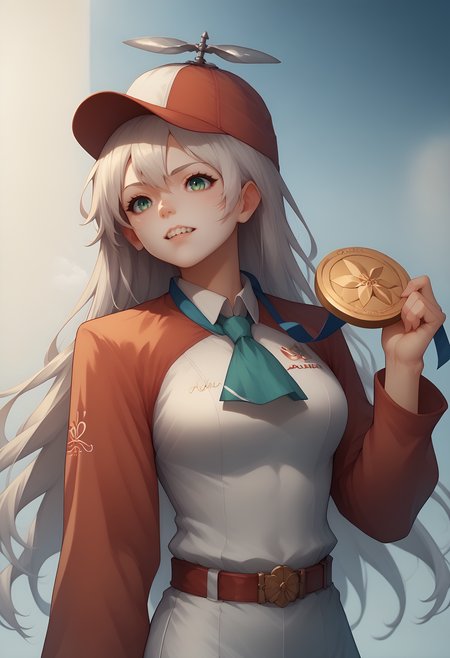 score_9, score_8_up, score_7_up, 1girl, solo, olimedbitepxl, biting into Olympic medal, holding medal, podium, zeroElie, NSHappyCap, wearing NSHappyCap, cap, long hair, ascot, uniform, long red sleeves, white dress, pencil skirt, belt <lora:olimedbitepxl:0.9>  <lora:elie-pdxl-nvwls-v1:1> <lora:NSHappyCap:1>