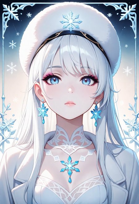 masterpiece, best quality, amazing quality, very aesthetic, flat colors, (artist:rain_rkgk:1), (artist:Tsuaii:1),
A captivating extreme closeup, head-and-shoulders portrait of a lithe ethereal woman with silvery-white hair flowing like silk around her shoulders staring at the viewer. Her pale skin glows softly against a delicate white fur coat and white fur hat. Her ice-blue eyes, framed by soft pink makeup, pearl earrings and dark eyeliner, are mesmerizing, radiating a sense of otherworldly wisdom and mystery. The background is a soft, pale blue gradient and snowflakes, evoking a wintry atmosphere filled with purity and tranquility. The lighting is gentle and even, highlighting her flawless complexion and the delicate textures of her attire. Her expression is calm and enigmatic, as though she is lost in thought or gazing into the infinite. The scene conveys an ethereal beauty, blending softness, serenity, and a hint of mysticism.