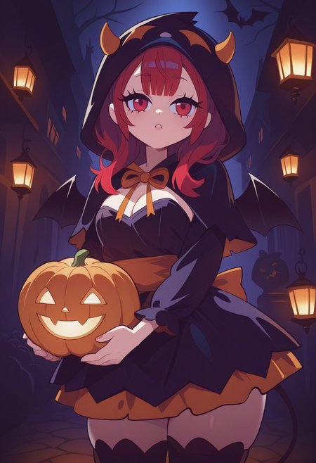 f11ph1style,  masterpiece,   best quality, solo, 1girl, Halloween town background,  devils costume, holding pumpkin, lanterns, eyelashes, dark atmosphere,