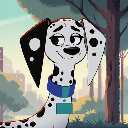 score_9, score_8_up, score_7_up, score_6_up, score_5_up, score_4_up, <lora:DelilahDalmatian:0.9>, delilahdalmatian, 1girl, solo, upper body, black eyes, headphones, furry, dog, animal, black and white fur, collar, spots, dalmatian, dog ears, body fur, smile, outside, trees,