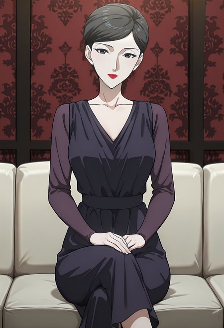best quality, amazing quality, perfect quality, high quality, masterpiece, absolutely eye-catching BREAK
<lora:Migi_to_Dali_-_Reiko_Ichijo:1> MigiReiko, black eyes, black hair, short hair, single hair bun, parted bangs, red lipstick, medium breasts BREAK
purple dress, long skirt, long sleeves BREAK
indoors, sofa, red wallpaper, patterned wallpaper BREAK
1girl, solo, sitting, hands on knees, crossed legs, light smile, head tilt, looking at viewer, cowboy shot, dutch angle