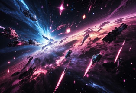 space battle between two fleets, on the background of a gas giant. many ships and explosions. space anomalies. [Carne Griffiths],[Conrad Roset],((migrainzxxl)) [Brian Kesinger] cinematic lighting, highly detailed, breathtaking,high resolution, colorful accent colors,