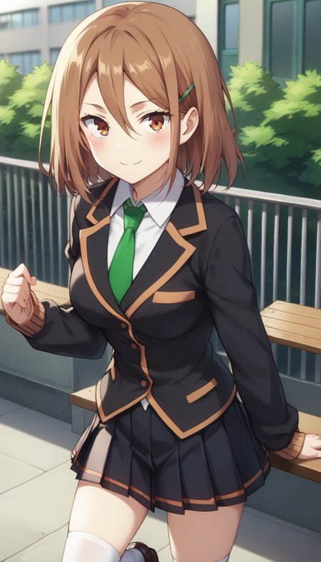 score_9,score_8_up,score_7_up,score_6_up BREAK official art,solo,outdoors,cowboy shot,looking at viewer,facing viewer,smile,blush,Yayoi Toba,medium hair,brown hair,hair ornament,hairclip,hair between eyes,diagonal bangs,sanpaku,brown eyes,school uniform,black cardigan,green necktie,collared shirt,white shirt,medium breasts,long sleeves,miniskirt,black skirt,pleated skirt,white socks,loafers,<lora:Yayoi Toba(at)-Pony:1.4>,