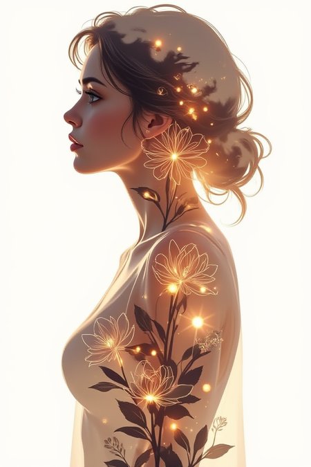 illustration, cartoon, anime, manga, drawing, A breathtaking anime-style masterpiece unfolds! In the foreground, a stunning silhouette of a woman stands in profile, her curves and features elegantly defined against a radiant background. Within this outline, a clever double exposure technique reveals a whimsical floral pattern, as if the flower blooms within the very essence of the subject. The composition is strikingly proportional, with delicate petals and lines harmoniously entwined within the silhouettes contours.