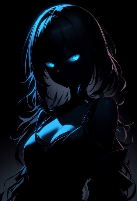 1girl, dark theme, night, glowing eyes, Obscure Glow Silhouette Style, masterpiece, best quality, absurdres, mysterious aura, black background, dramatic lighting, neon glow effect
