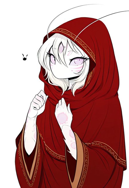 BREAK zPDXLx, mur4k4mi-ip,Mantis Girl, sketch,bishoujo,webtoon, blade under mask, mantis saa, saa, solo, 1girl, hood, white background, simple background, wide sleeves, looking at viewer, facial mark, long sleeves, upper body, hooded cloak, cloak, hood up, hair between eyes, hands up