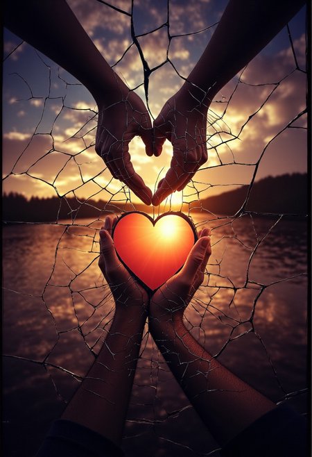 shatered_love. The image is a Kodak Ektar, analog film stocks photograph capturing a beautiful and serene lakeside scene at sunset. The main subject is a shattered glass pane, creating a rich, shatered_love. The image is a digital artwork featuring a dense, enhancing the shattered appearance of the glass., cracked background. The hands are connected by a series of torn, with one on the left and the other on the right, with some areas transitioning to a deeper, with a prominent, creating a sense of fragmentation and emotional turmoil. The heart itself is a warm