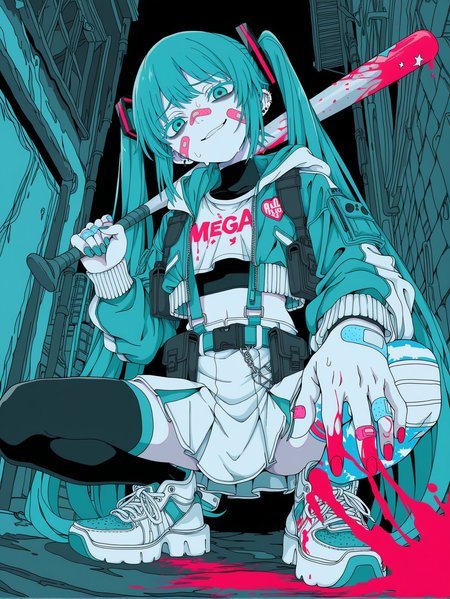 haku geroda, toxic ghost,  limited palette, 
1girl, solo, hatsune miku,  foreshortening, teal eyes, teal hair, cropped jacket, open jacket, skirt, straps, thighhighs, sneakers, street_fashion, glitter,colored eyelashes, suspender skirt,  belt, pouch, bandaid, bandaid on cheek, bandaid on face, bandaid on hand, bandaid on nose, bridge piercing, ear piercing, head_tilt, two-tone_jacket,  print shirt, mega_milk, shoulder holster, blue_theme, narrowed eyes, mismatched legwear, upturned eyes, shade, outdoors, alley,  raised eyebrow, smirk, nervous sweating, nervous smile, squatting, hooded jacket, black undershirt, white crop top, bags under eyes, 
, from below,  blood splatter, blood on face, blood on clothes, blood on weapon, blood_on_hands, tactical clothes,  holding bat, steel_bat,  monochrome background,
,masterpiece,best quality,amazing quality,