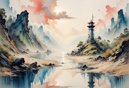 A dinkfsn style ink wash painting 
Seen from a low perspective across tidal flats. White cliffs rise. A tall alien design lighthouse stands on the cliff and shimmers in the sun. A small alien village sits back away from the lighthouse. Fleeting sunlight breaking through moving clouds. Rippled sand mingle in mirrored brushstrokes of steel blue, copper pink, and misty beige. Reflective tidal flats populate the foreground with quick dashes of paint. Monet's textural layering and high-key tonal range lend vibrancy and a sense of pilgrimage to this windswept, reverent seascape, painted with a muted triadic palette that balances sea cools with earthy warmth.
