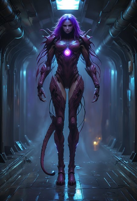 score_9, score_8_up, score_9_up, SilverPulse, Fantasy Creature, punk hair, lizard, cat, alien girl, feminime, female, 1girl, four arms, Avatar navi alien with purple skin, bal, big eyes, medium breast, red trench coat, running on the top of train, yellow train, cyberpunk city, night, neon light, rainy,  dynamic view, dynamic pose, super wide angle shot, extreme perspective,