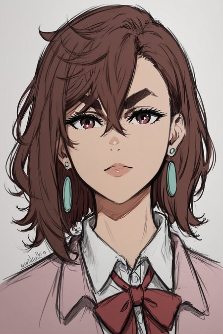 score_9, score_8_up, score_7_up, score_6_up, score_5_up, score_4_up <lora:Momo_Ayase_Dandadan_V1:1> KJOmomo, brown hair, dark eyes, medium hair, hair between eyes, thick eyebrows, earrings,white collared shirt, oversized pink pullover, long sleeves, red bow, blue short skirt, untucked shirt ,<lora:drawing_style_pony:0.8>, drawing_style, drawing, sketch, 1girl, looking at the viewer, solo, alone, lines drawing, monochrome, greyscale, masterpiece, highres
