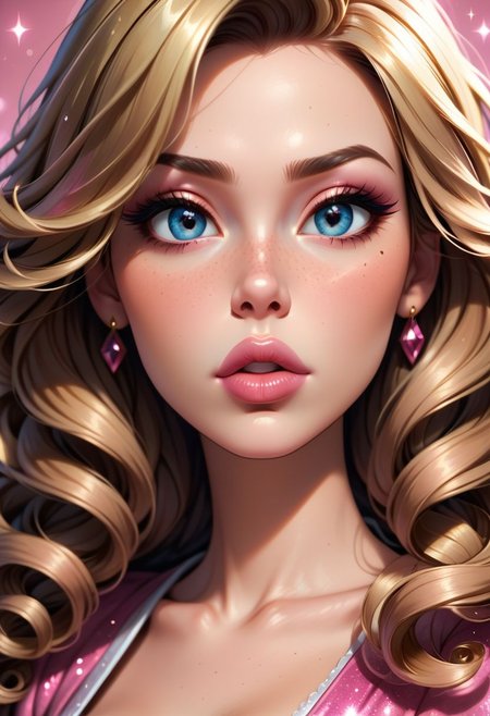 (score_9, score_8_up:1.1), score_7_up,pink theme background,glitter,sparkles,shiny,1girl,   woman, 1girl, solo, close up, jewelry, brown hair, lips, pouty lips, pink lips, jewelry, earrings, blonde hair, long curly hair, (looking at viewer:1.1), perfect eyes, pupils, blue eyes, eyelashes, perfect skin, high resolution, best quality, ultra detailed