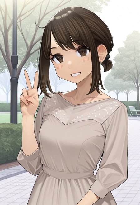 woman, douki-chan_(douki-chan), brown hair, hair tie, sidelocks, brown eyes, earrings,  wearing a gown, V hand pose, park, high quality, best quality, masterpiece, 4k resolution, anime