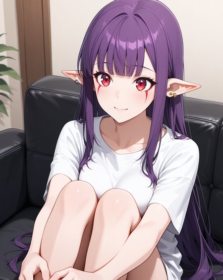 (:1.50), 
sl-esil, red eyes, purple hair, blunt bangs, ear rings, ear piercings
medium breasts, 1girl, 
(masterpiece, highres, ultra-detailed,very aesthetic, best quality, absurdres, high quality, highres), 
happy,
,
(feet:0.90), 
BREAK,
couch,
,
long hair sidelocks
(solo:0.60), (skinny:0.8),
<lora:sl-esil-V03-illXL:0.70>