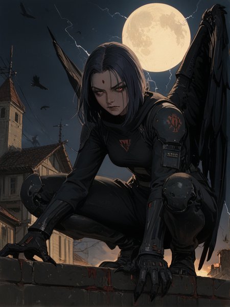 (   striking face shape, strong nose, striking eyes, expressive lips, strong jawline, high cheekbones, striking eyebrows  ):3    (score_9, score_8_up), score_7_up,  <lora:PonyRavenG40k:1> RavenG40k, 1girl, raven, claws, fangs, power armor, large raven wings, crouching on a rooftop of a building, night, blood moon, hunting, sneaking, lightning     n\n\n\n<lora:jc_leyendecker_pony_v6_smooth:0.4>\n<lora:norman_rockwell_style_pony_v6-000040:0.8>  <lora:Sinozick:0.7>\n\n   embedding:zPDXL2 embedding:zPDXLxxx  <lora:StS_age_slider_v1_initial_release:2>