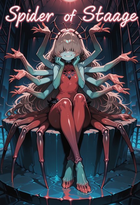 1girl, (monster girl, spider girl), spider arms, spider legs, insect antenna, black sclera,  (colored skin, green skin), extra arms, multiple arms, lots of arms,  brown hair, very long hair,   hair over eyes,       
BREAK   1girl, Sitting With Legs Stretched Out, Barefoot, turn red,     
BREAK               crimson bodysuit, hairband, framed eyewear,  neon light, Club Stage,    
BREAK safe, ((ino \(tellu0120\):1.05), (kuzuvine:1.1)),  masterpiece, best quality, very aesthetic, absurdres, newest, <lora:ponyv5_noobE11_1_adamW:0.5>, <lora:lora:0.3>
