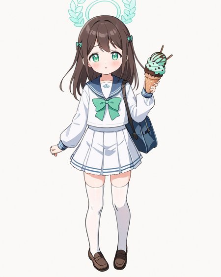 airi \(blue archive\),1girl, solo, white_serafuku, halo, white_thighhighs, white_skirt, white_background, simple_background, long_sleeves, sailor_collar, blush, green_bow, looking_at_viewer, full_body, white_shirt, pleated_skirt, two_side_up, loafers, bowtie, holding_food, school_bag, standing, :o, zettai_ryouiki, ice_cream, brown_footwear, parted_lips, black_footwear
<lora:airi_(blue_archive)_image38_batch3_v1:1>,halo,. gorgeous,key visual, vibrant, studio anime,award-winning, professional, highly detailed,high budget, cinemascope