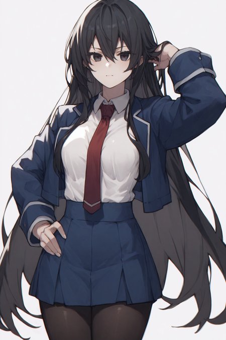 score_9, score_8_up, score_7_up, source_anime, <lora:Kirukiru Amou-PonyXL-lora-Faxtron:0.8> kirukiru amou, black eyes, black hair, very long hair, medium breasts, cropped blue blazer, white shirt, red necktie, blue skirt, black pantyhose,