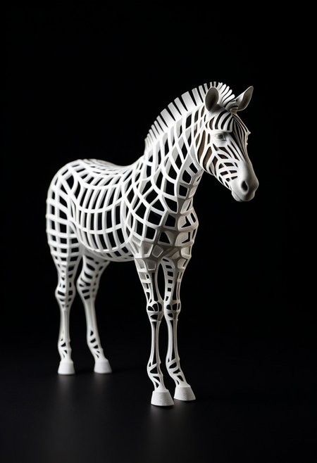 8K analog photo, 3d printed shilver zebra Statue made of Lattice Structure, WhiteMold, Walking, dark background, minimalist,