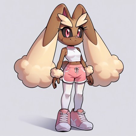 score_9, score_8_up, score_7_up, 1girl,  <lora:Perfect Hands:1> Perfect Hands, evnstnly, solo, petite, furry female, lopunny, bunny, bunny ears, bunny tail, white top, sleeveless top, tucked in shirt, pink shorts, white thighhighs, cotton tights, pink and white shoes, low top sneakers, standing, smiling, legs together, arms at sides