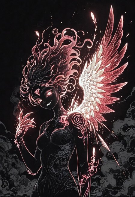 1 girl ,heat , glow , floating hair , smoke hair , glowing hands , claws , smile , sharp teeth , tattoo , swirling , twisting , (angel wing ,glowing wing , glowing feather , (wing over body) , one wing:1.3) ,
masterpiece, best quality, amazing quality, limited palette ,sketch ,glowing , black theme ,