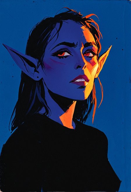 (resplendent highlighting) in the style of casual line and wash sketch, hauntingly beautiful, a drawing of a githyanki woman with, very small nose, pointed elf ears (detailed anatomy and defined musculature:1.0) prominent cheekbones, looking at viewer (elated expression:1.2), focus on the face, strong stance (ultraviolet hues:1.0) bill sienkiewicz and marilyn minter influence, high-contrast lighting, rough details, dark-black sweater, backdrop of salt flats and mono lake, aidmamj6.1, 3xpr3sgg0th1cn30n1nc4s3, ExpresHGothicNeonIncaseUOC, ExpresHGothicNeonIncase