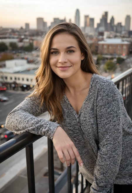 sdxl_simonejoruk leaning on a metal railing downtown, soft smile, long-sleeve shirt with relaxed posture, late afternoon city light with blurred skyline