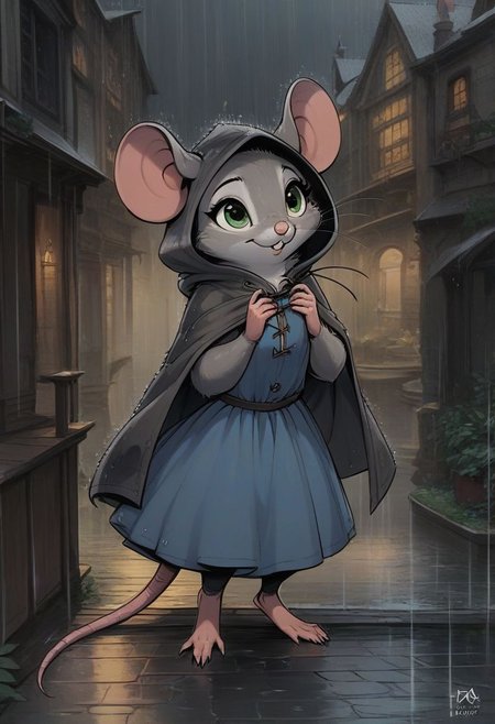 score_9, score_8_up, score_8, (solo), (solo:2), (fluffy:0.8), (feral), outdoors, furry, (((mouse))), female, bright green eyes, grey fur, grey ears, claws, (fluffy cheeks:0.4), long hooded cape, hood up, (blue dress), cute, in the style of beatrix potter, cel-shading, fca style, village, night, rain, (dark:1.5), backlit,  (high angle view:1.3)