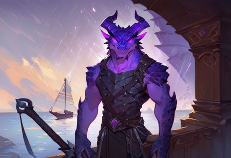 score_9_up, score_8_up, score_7_up,score_6_up, rating_safe, style_furry, 1man, solo, purple Dragonborn holding a gigantic black obsidian sword, amethyst scales, dark purple horns, glowing purple eyes, colored sclera,  standing on a deck of a boat, storm in background