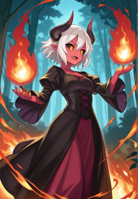 masterpiece, best quality, amazing quality, very aesthetic, absurdres,  newest, detailed background, forest, 
(magicaura, aura, magic, fire aura:1.4), dress, horns, solo, white hair, fang, pointy ears, colored skin, short hair, red skin, colored sclera, 1girl, demon girl,
 <lora:Magic_Aura:1>