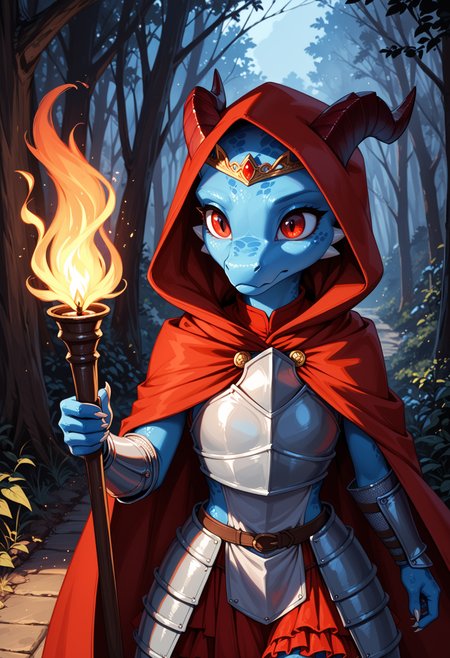 score_9, score_8_up, score_7_up,
source_furry, high quality, perfection, detailed, aesthetic,
detailed background, black background, dark background, concept art, realistic, forest, path, night, shadows,
1girl, solo, upper body,
scalie female, anthro, scalled body, beautiful girl, cute girl, adult, youthful, beautiful face, beautiful eyes, perfect eyes, detailed eyes,
kobold girl, blue scales, blue skin, small breasts, petite girl, red eyes, horns,
(knight armor:1.2), red rims, red fabric, long red frilly skirt, jeweled circlet,  coat, tunic, red hooded cloak, fur-trim,
running, dynamic pose, worried, worried expression, holding torch, frowning,
<lora:princess_xl_v2:0.6>, <lora:p_ami_v10_adafactor:0.4>, <lora:incase-ilff-v3-4:0.5>, <lora:CleanDetailed_Eyes:0.25>,âââ