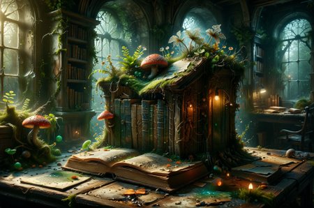 Forgotten library: Cobwebs drape dusty shelves overflowing with ancient tomes in a forgotten library. A faint, green glow emanates from a single book, its pages filled with illustrations of fantastical creatures and forgotten magic. A single fly agaric mushroom rests on the open page, its cap resembling an eye gazing out at the viewer. (Photorealistic, high detail, shallow depth of field) 
award winning artwork,
many details, extreme detailed, full of details,
Wide range of colors., Dramatic,Dynamic,Cinematic,Sharp details
Insane quality. Insane resolution. Insane details. Masterpiece. 32k resolution.
 <lora:add-detail-xl:0.95> <lora:casting shadow style v2:0.1> casting shadow style, cucoloris patterned illumination <lora:CinematicStyle_v1:0.1> <lora:Disturbia:0.1> <lora:dvr-lnds-sdxl:0.1> dvr-lnds-sdxl <lora:Glowstick_SDXL:0.1> mad-glowstick <lora:MJ52:0.2> <lora:princess_xl_v2:0.1> <lora:ral-anmwrlds-sdxl:0.1> ral-anmwrlds <lora:ral-apoctvisn-sdxl:0.1> ral-apoctvisn <lora:ral-cltc:0.1> ral-cltc <lora:ral-dissolve:0.1> ral-dissolve <lora:ral-ertmsphr:0.1> ral-ertmsphr <lora:ral-fluff:0.1> ral-fluff <lora:ral-fntsyrlms-sdxl:0.1> ral-fntsyrlms <lora:ral-mtclniscp-sdxl:0.1> ral-mtclniscp <lora:ral-porcelain:0.31> ral-porcelain <lora:ral-pxlprtcl:0.1> ral-pxlprtcl <lora:ral-vlntxplzn:0.1> ral-vlntxplzn <lora:ral-vbrntacyl-sdxl:0.1> ral-vbrntacyl