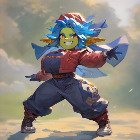 score_9, score_8_up, score_7_up, pikaole no humans animal focus, (GOBLIN GIRL:1.05), full body solo blurry background, cute rating_safe source_furry, (dynamic pose:0.5), pikaole, big breasts, grin skin, pointy ears, standing