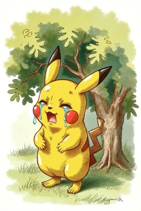 joten1 illustration.
Pikachu crying, large tear drops on his face, under a green tree  <lora:joten1_cap_d6a3e12:1.0><lora:821781209995753542:0>
