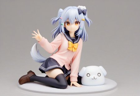 tamakiDefault, 1boy, dghd, dog hair ornament,  blue hair, grey hair, two side up, orange eyes, hair between eyes, dog tail, otoko no ko, multiple hair bows,  black bow, yellow bowtie, black skirt, black thighhighs, brown footwear, pink cardigan,