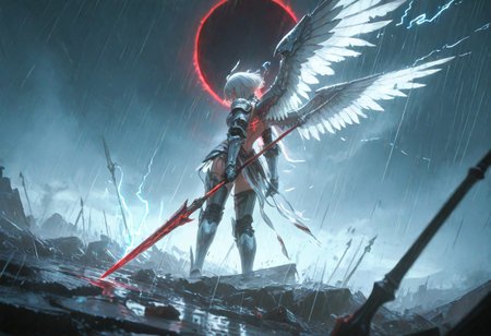 destroyed battlefield background, dynamic angle, dynamic pose, corruption, oozing bloodlust, great composition, an epic eclipse, masterpiece, high-quality, photorealistic mythic warrior scene, An armored valkyrie. Her short, platinum hair drips with rain, plastered to her stern face as lightning etches the horizon in dazzling forks. Silver wings at her back bristle with brilliant, reflective plumage, each feather rendered in hyperdetailed clarity. A massive spear etched with runes stands upright at her side, buzzing with latent thunderous energy. The cinematic scale of the swirling tempest around her instills a breathless sense of epic grandeur and raw elemental power