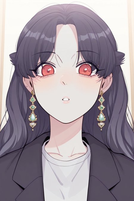 masterpiece, best quality, amazing quality,
 <lora:Girltrap_IL:1> strgrltrp, 1girl, jewelry, earrings, solo, long hair, red eyes, looking at viewer, black hair, parted bangs, black jacket, parted lips, bangs, shirt, kurosan
