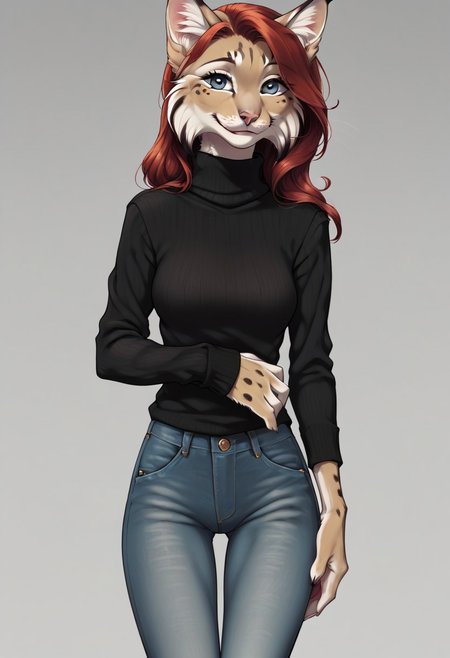 digital_media_(artwork) hi_res, score_9, score_7_up, score_6_up, source_furry, rating_safe, anthro, furry, female, furry female, detailed textured fur, fur tufts, lynx, red hair, blonde brown fur, spots, beautiful blue eyes, medium breasts, covered breasts, slim, slender, turtleneck sweater, denim jeans, smile, SFW,