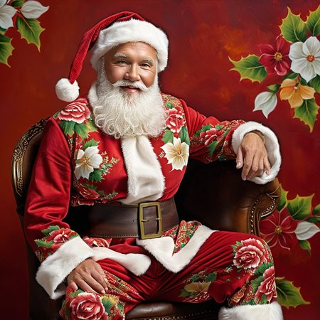 Create an oil painting style image featuring a figure dressed as Santa Claus, adorned with intricate floral patterns on the costume. The Santa figure should exude warmth and joy, with a soft, glowing background that complements the festive theme. Focus on the rich textures of the fabric, ensuring the floral designs on Santa's suit are vivid and detailed, contrasting beautifully against the traditional red and white colors. Include subtle highlights to capture the gentle play of light, enhancing the overall depth and dimensionality of the painting, <lora:haka_flower:0.8>