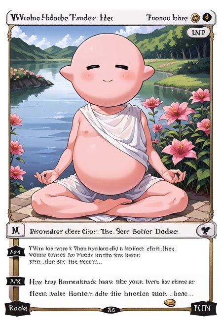 score_9, score_8_up, score_7_up,
source_anime,
BREAK 
soro,LongKirby,  pink body, blush,
sleeping,
closed eyes,
closed mouth,
droolong,
BREAK
hud_m3dit4tion, indian style, sitting, on floor,barefoot,
c4rd,english text,character name, shiny card, 
outdoors, lake, day, flower,
 facing viewer,