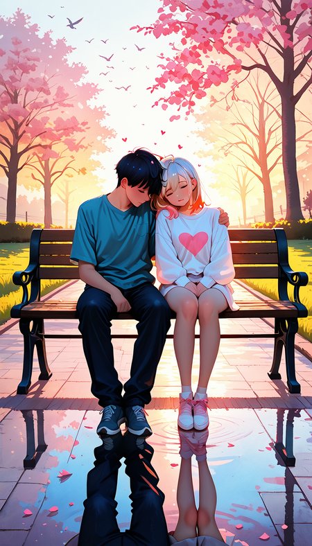 best quality, amazing quality, masterpiece, newest, shiny highlights, no lineart, (watercolor \(medium\):1.4), 1girl, 1boy, in love, valentines day, sitting on bench, romantic setting, leaning head on boy's shoulder, park, sidewalk, grass, reflective pond in background, birds, sunny, warm light, (side angle)