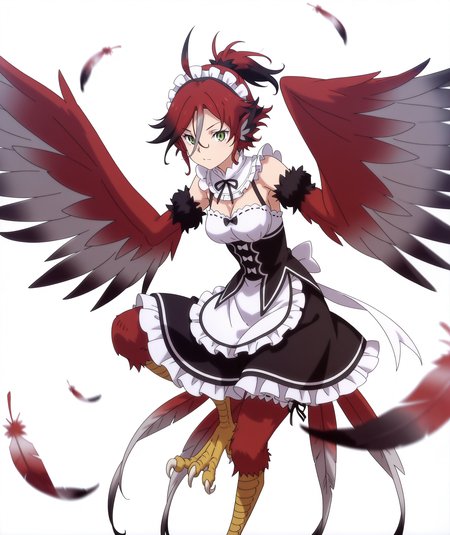official art, absurdres, highres, anime coloring, hi res, best quality, masterpiece, 2d, intricate details, 4k,
1girl, solo, short hair, bangs, green eyes, ahoge, red hair, ponytail, multicolored hair, black hair, hair between eyes, two-tone hair,
wings, feathers, monster girl, feathered wings, harpy, winged arms, talons, bird legs, bird ears, red feathers, legs feathers,
maid, maid headdress, maid apron, roswaal mansion maid uniform, detached sleeves, cosplay, parody, 
cowboy shot, 
depth of field, blurry, motion blur, white background, <lora:Illy_(Character)_ILXL:1>,